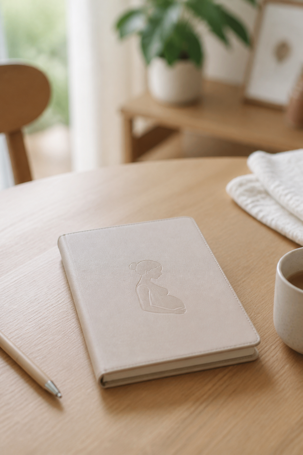 Carnet de suivi de grossesse fermé posé sur une table en bois clair, à côté d'une tasse de tisane fumante et d'un stylo.