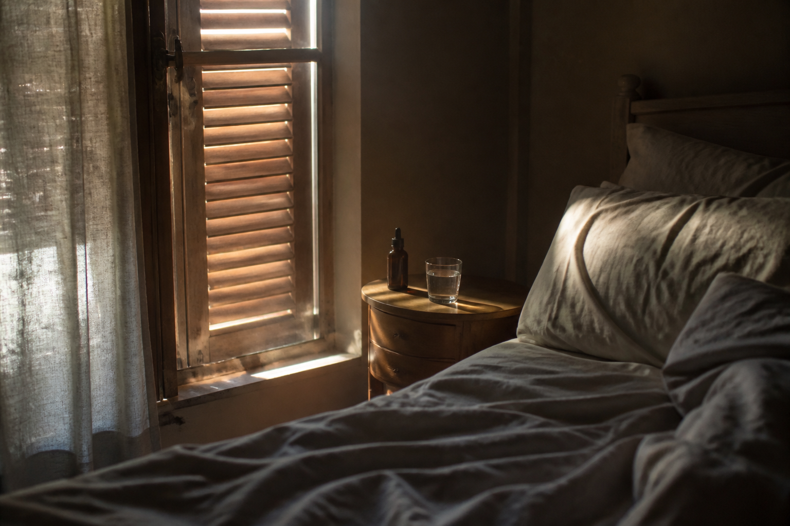 Chambre calme au petit jour, volets de bois entrouverts laissant passer une lumière rasante sur un lit défait et une table de chevet.