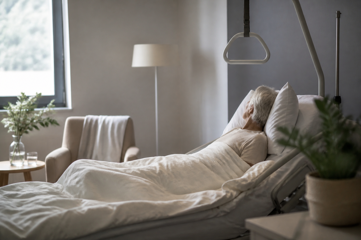 Chambre d'unité de soins palliatifs baignée d'une lumière douce, fauteuil pour un proche près de la fenêtre et bouquet de fleurs sur une table basse.